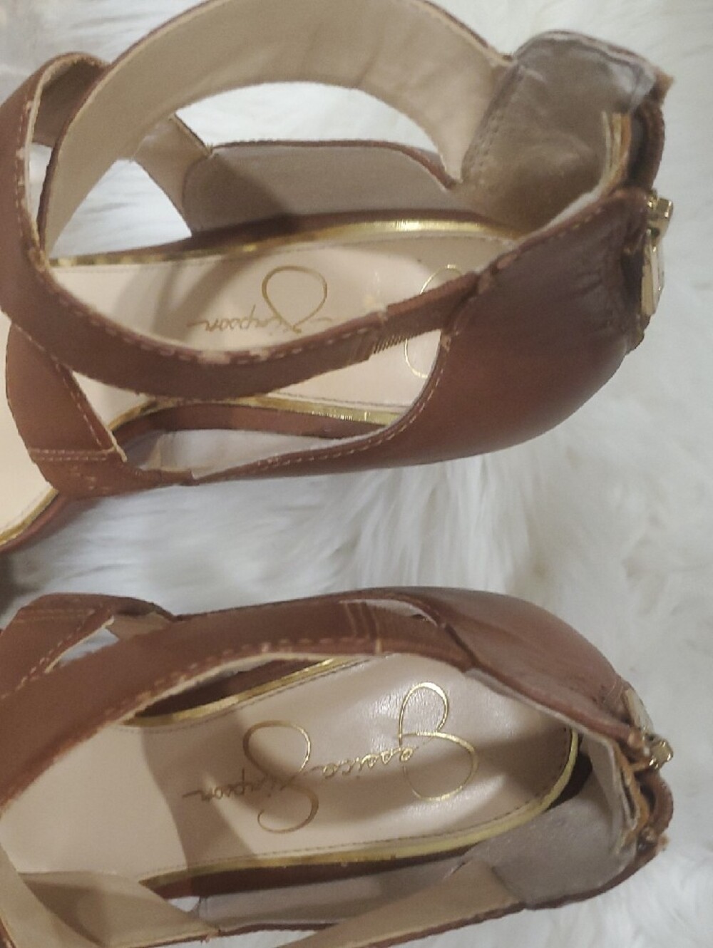 Jessica Simpson Brown Leather Crisscross Strap Wedge Heels Size 9 - Picture 3 of 15